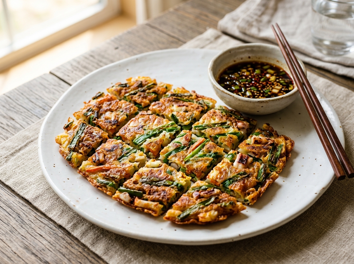 Golden crispy Korean scallion pancake sliced into squares on a white plate with dipping sauce