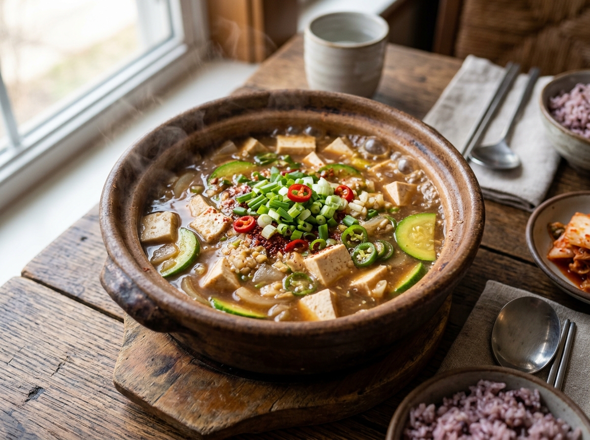 Doenjang jjigae in a traditional Korean earthenware pot with tofu, zucchini, and green onions
