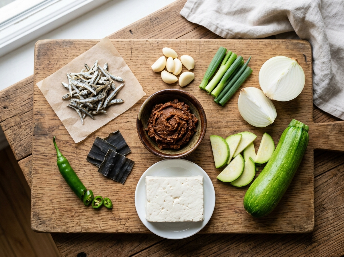 Raw ingredients for doenjang jjigae