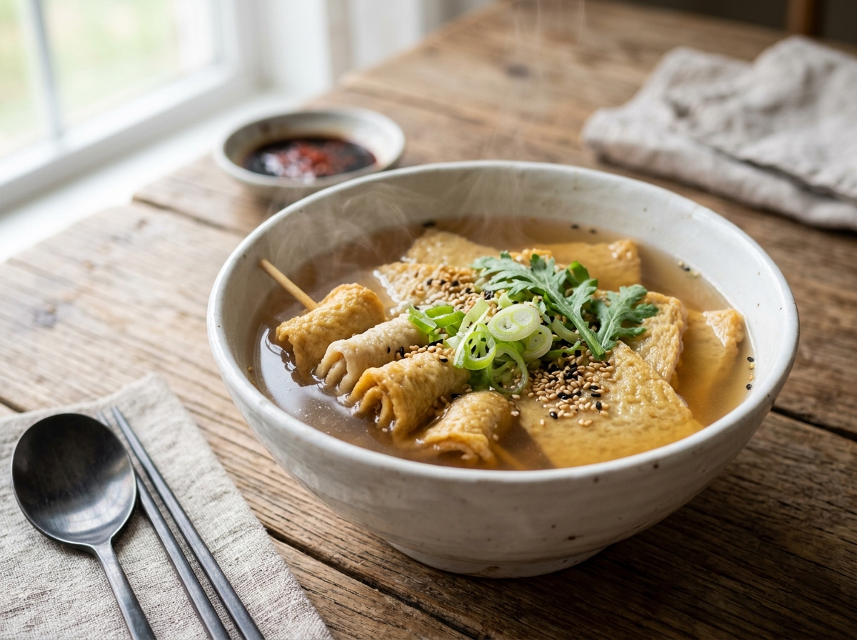 Bowl of Korean fish cake soup with sliced fish cakes in clear broth, garnished with green onions