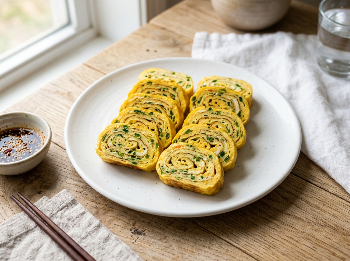 Golden Korean rolled omelette gyeranmari sliced into pinwheels on a white plate