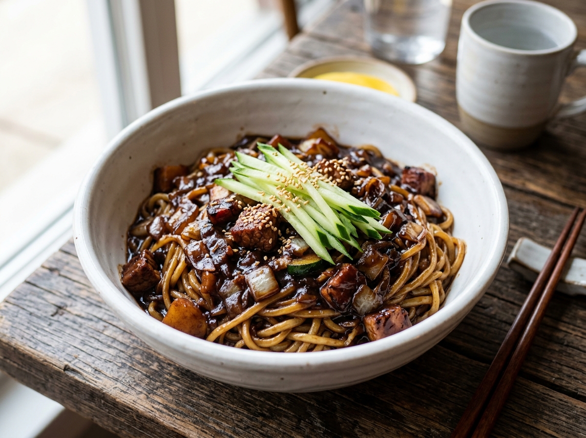 Bowl of jjajangmyeon with glossy black bean sauce over thick noodles, garnished with cucumber strips