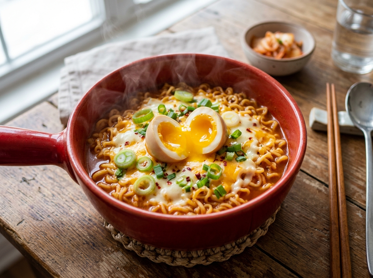 Bowl of upgraded Korean ramyeon with melted cheese, soft-boiled egg, and green onions
