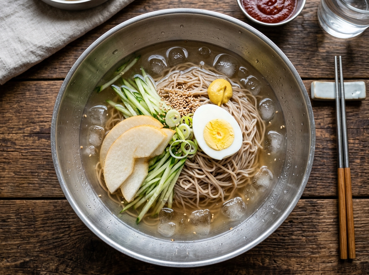 Bowl of naengmyeon cold noodles in icy broth with sliced pear, cucumber, and egg