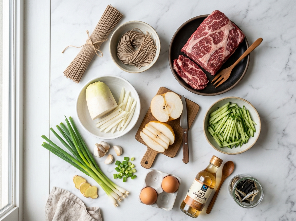 Naengmyeon ingredients laid out