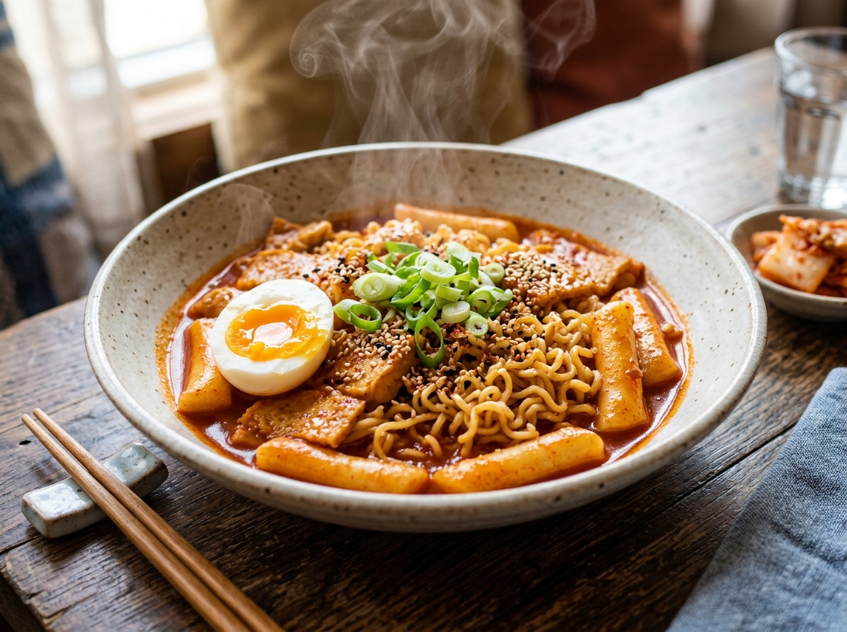 Bowl of rabokki with ramen noodles, rice cakes, fish cakes, and boiled egg in spicy red sauce