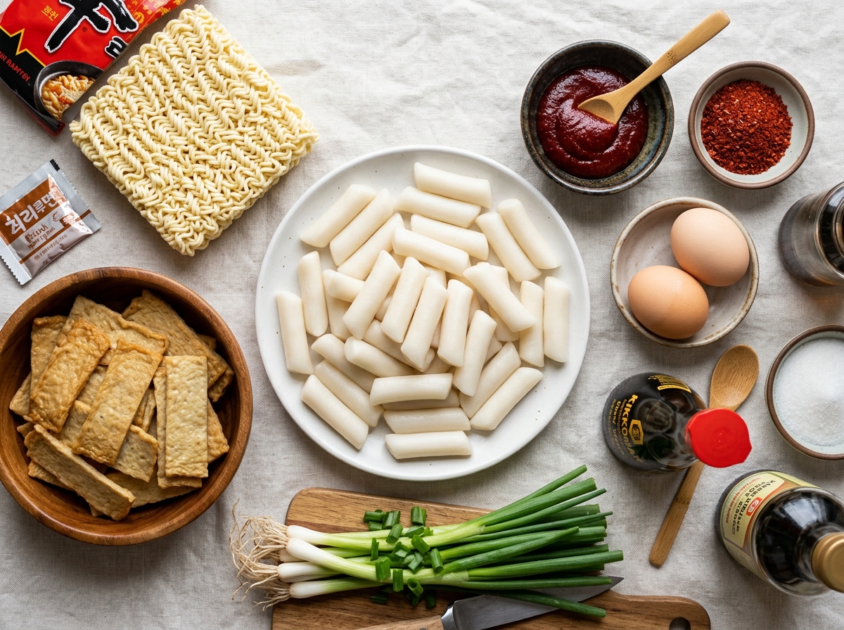 Ingredients for rabokki laid out on counter