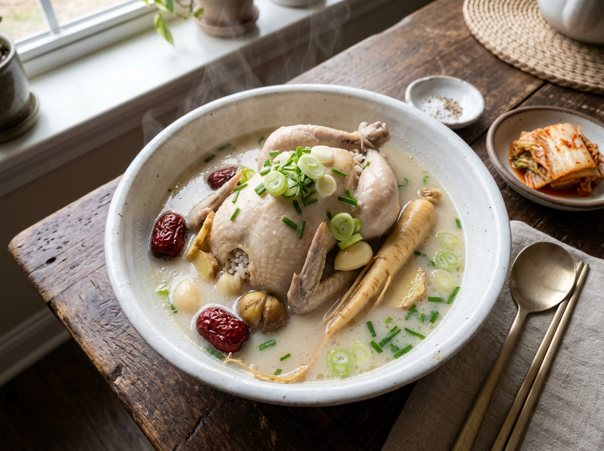 Bowl of samgyetang ginseng chicken soup with whole chicken in milky broth