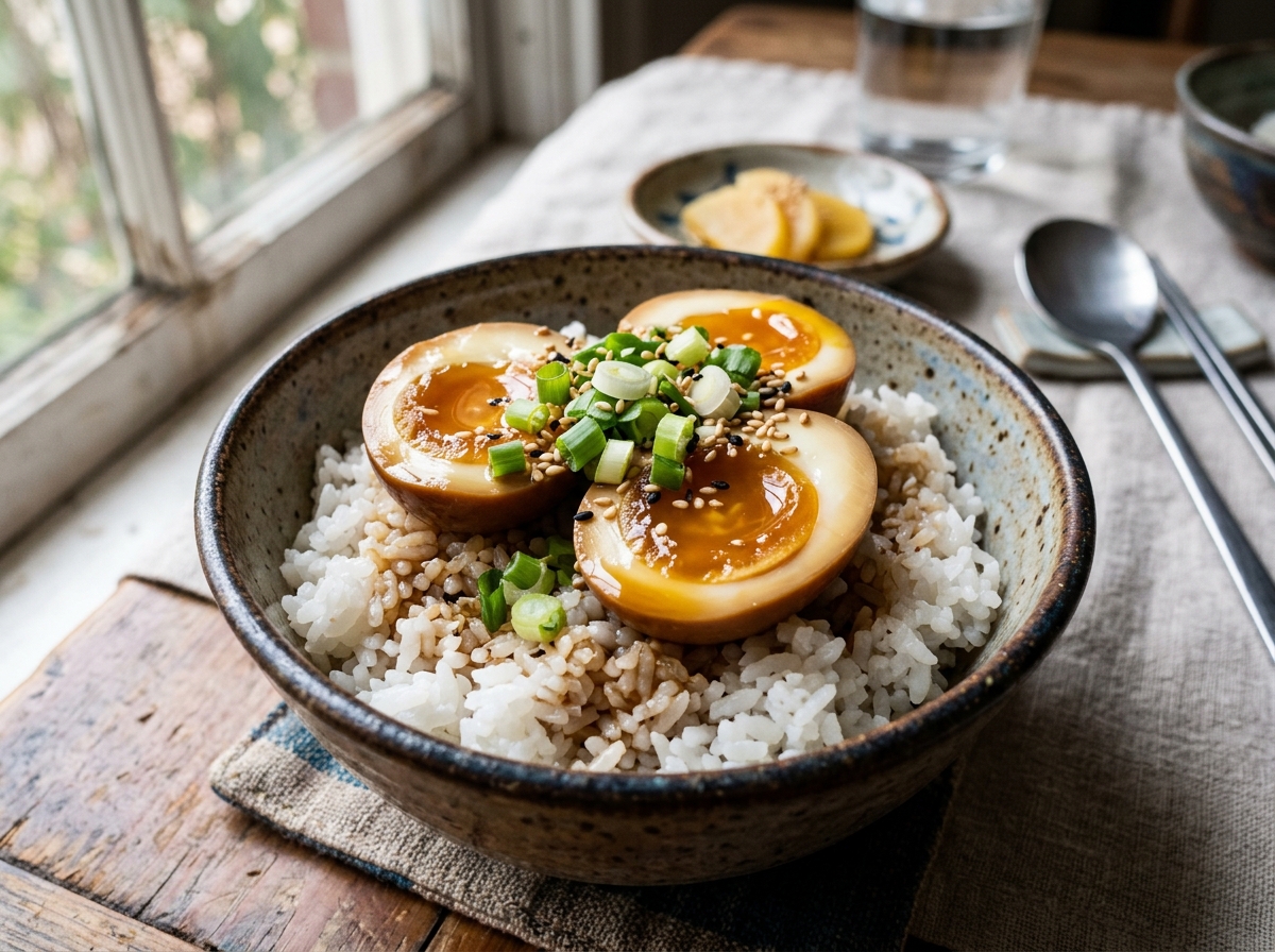 Soy sauce marinated eggs halved on white rice in a bowl