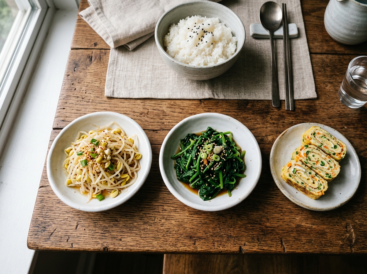 Three small white dishes containing kongnamul, sigeumchi namul, and sliced egg rolls arranged on a table with rice