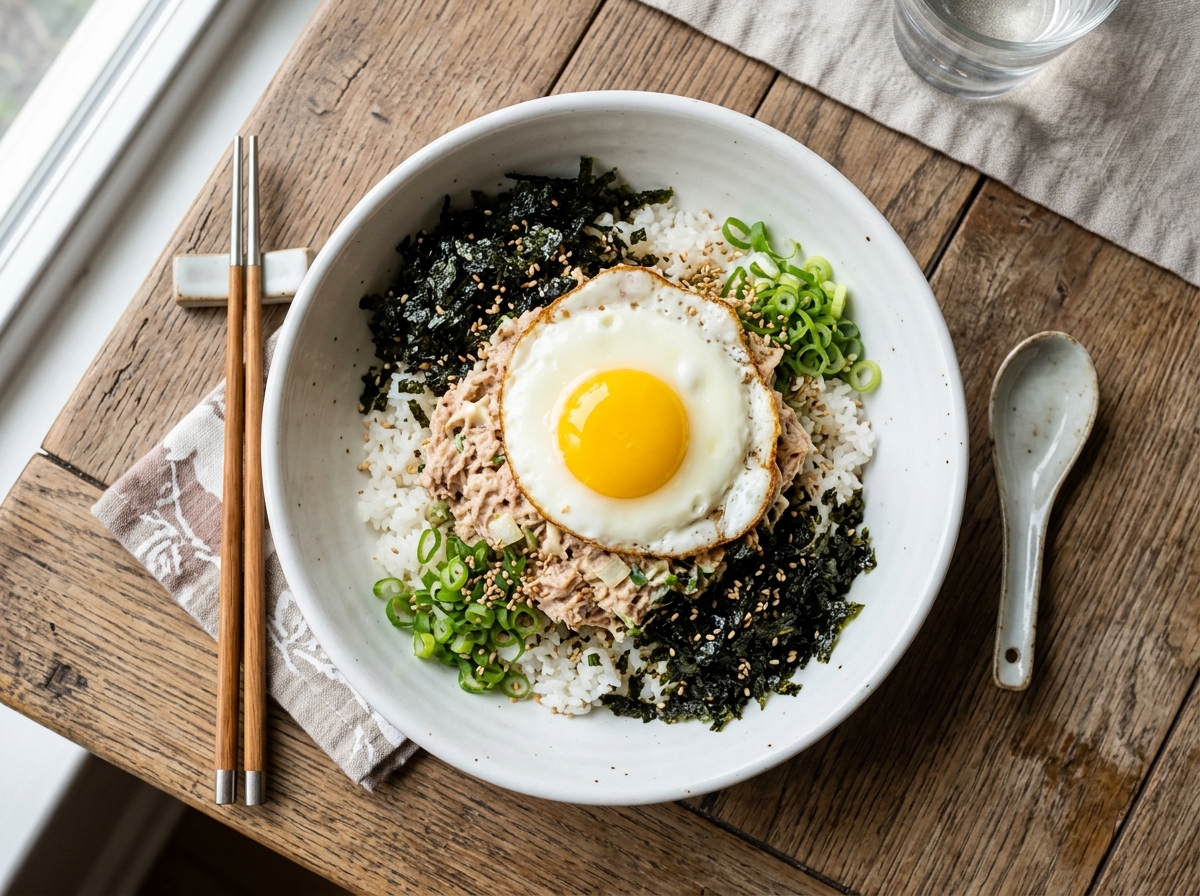 Tuna mayo rice bowl topped with fried egg and seaweed